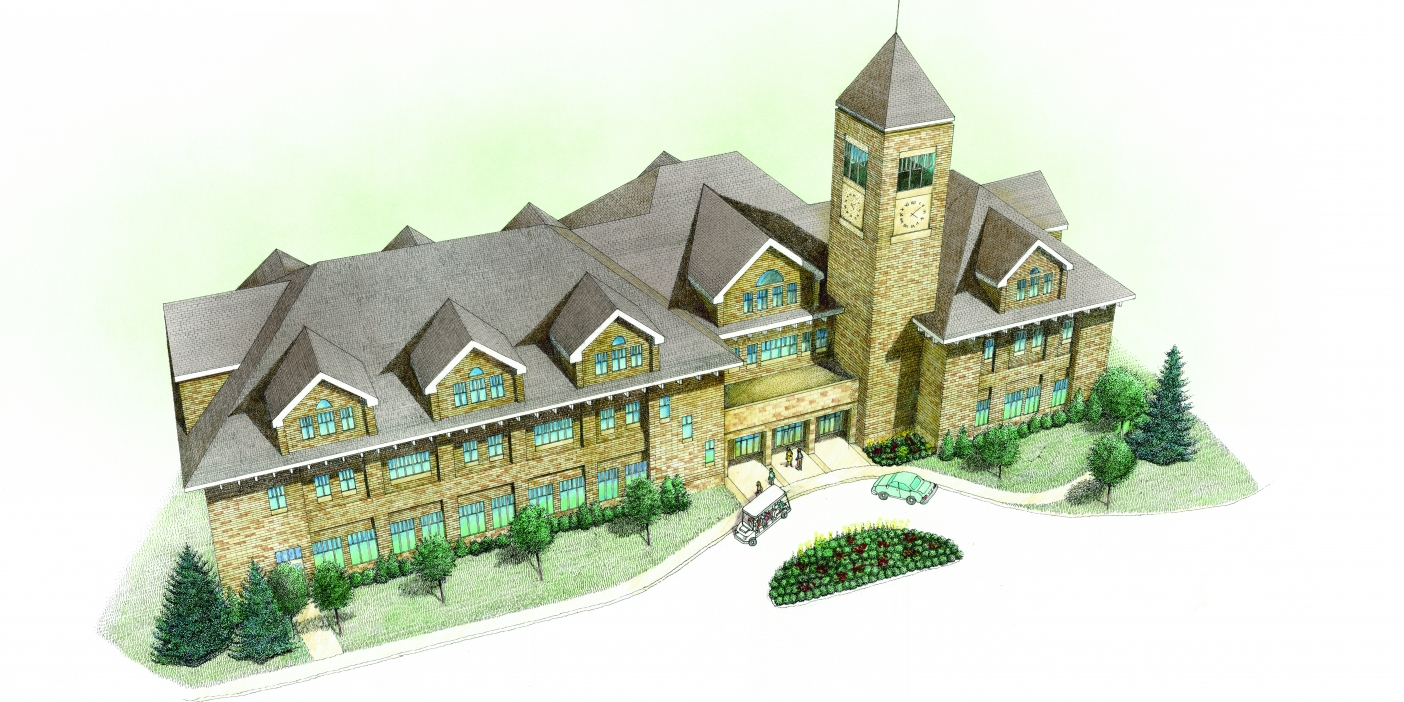 an illustration of the outside of the new Hinckley Alumni and Visitors Center