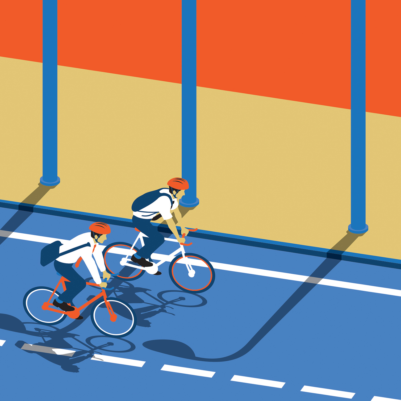 an illustration of two elders riding bikes down the street
