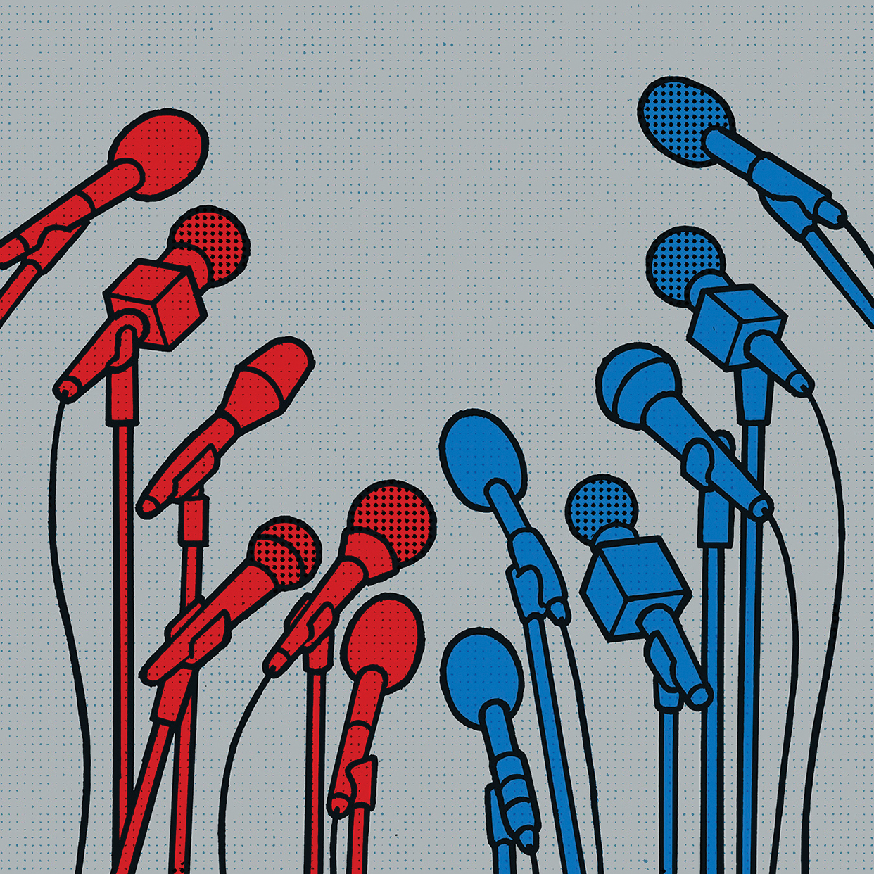 An illustration of microphones arranged in a circle. the left half of the microphones are red, and the right half of the microphones are blue