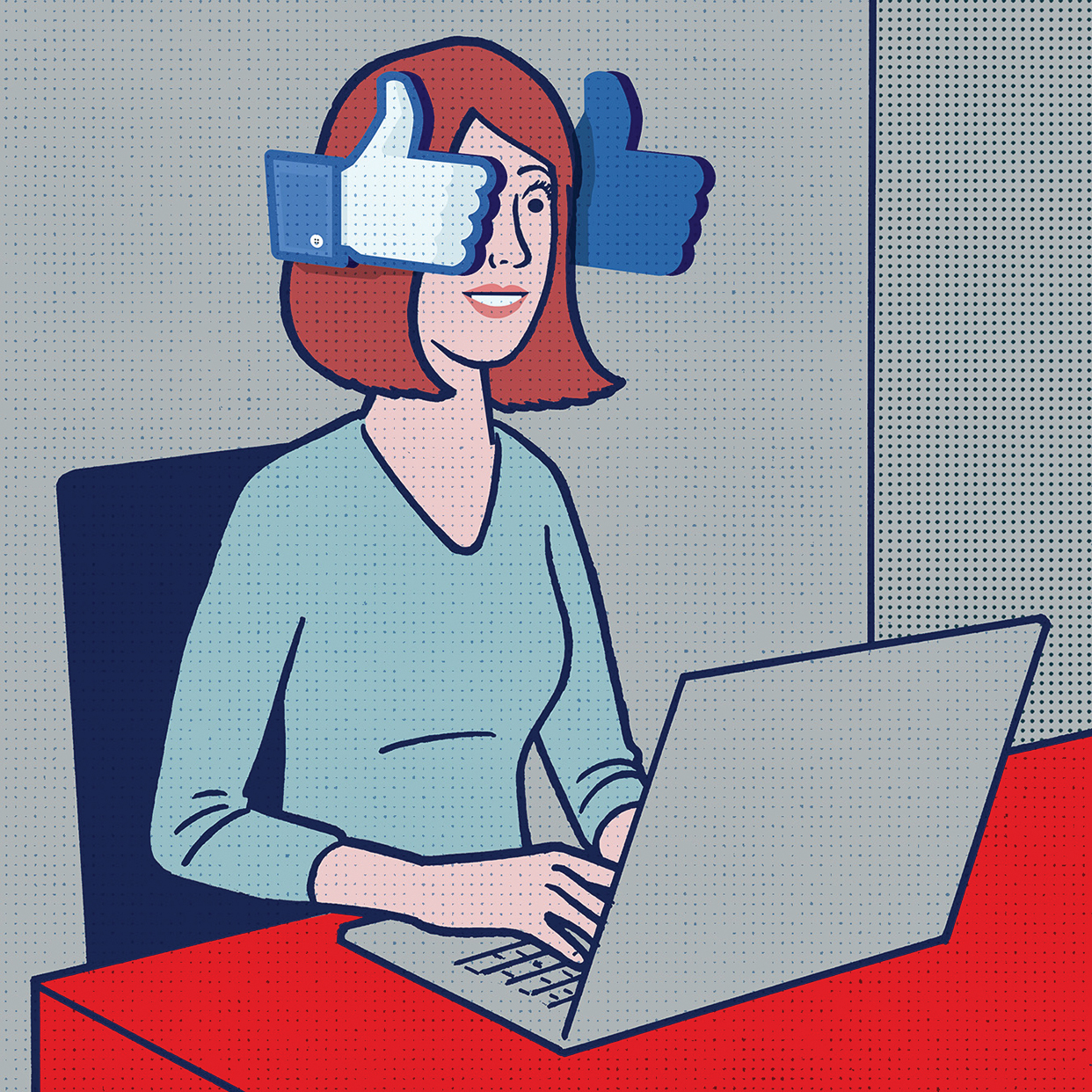 A woman sits at a desk with a laptop in front of her. Around her head are blinders in the shape of a Facebook like button