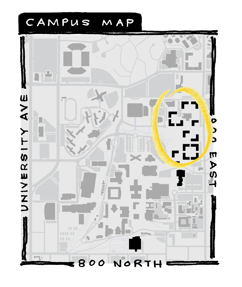 A campus map with the new Heritage dorms circled