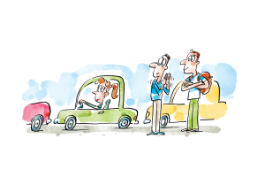 Two young men applaud as a woman parallel parks.