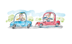 Two students play rock, paper, scissors out their car windows.