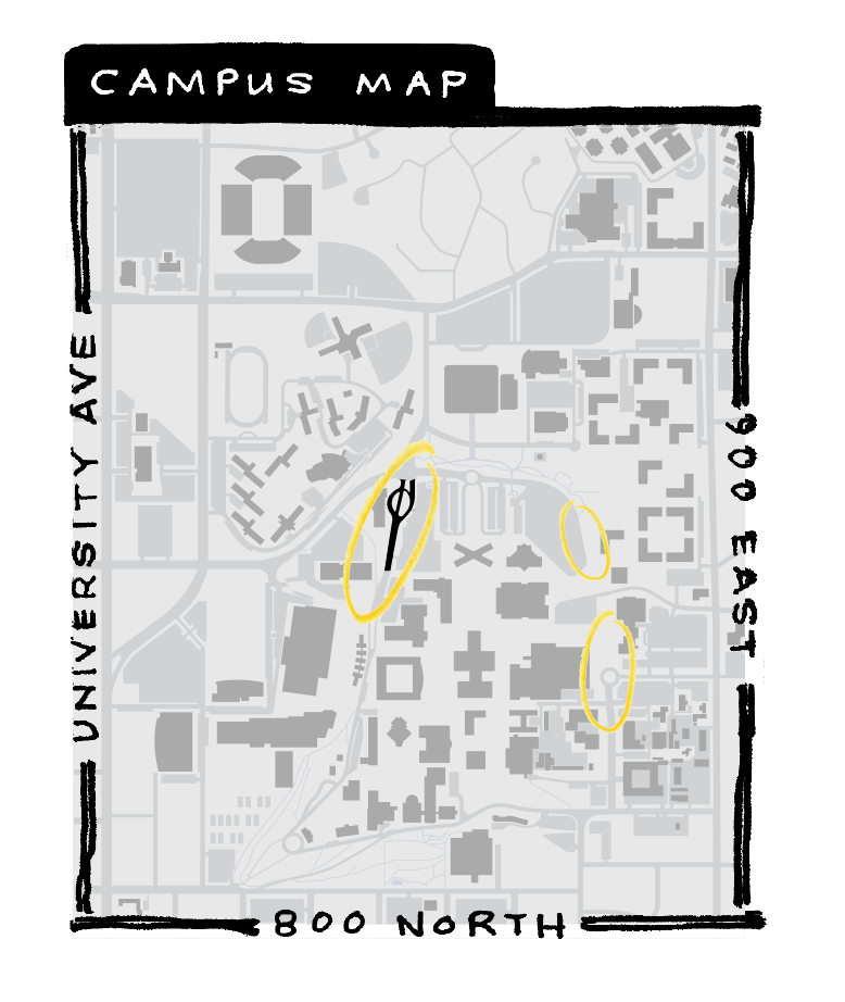 A campus map with the areas affected by the changes to Campus Drive circled