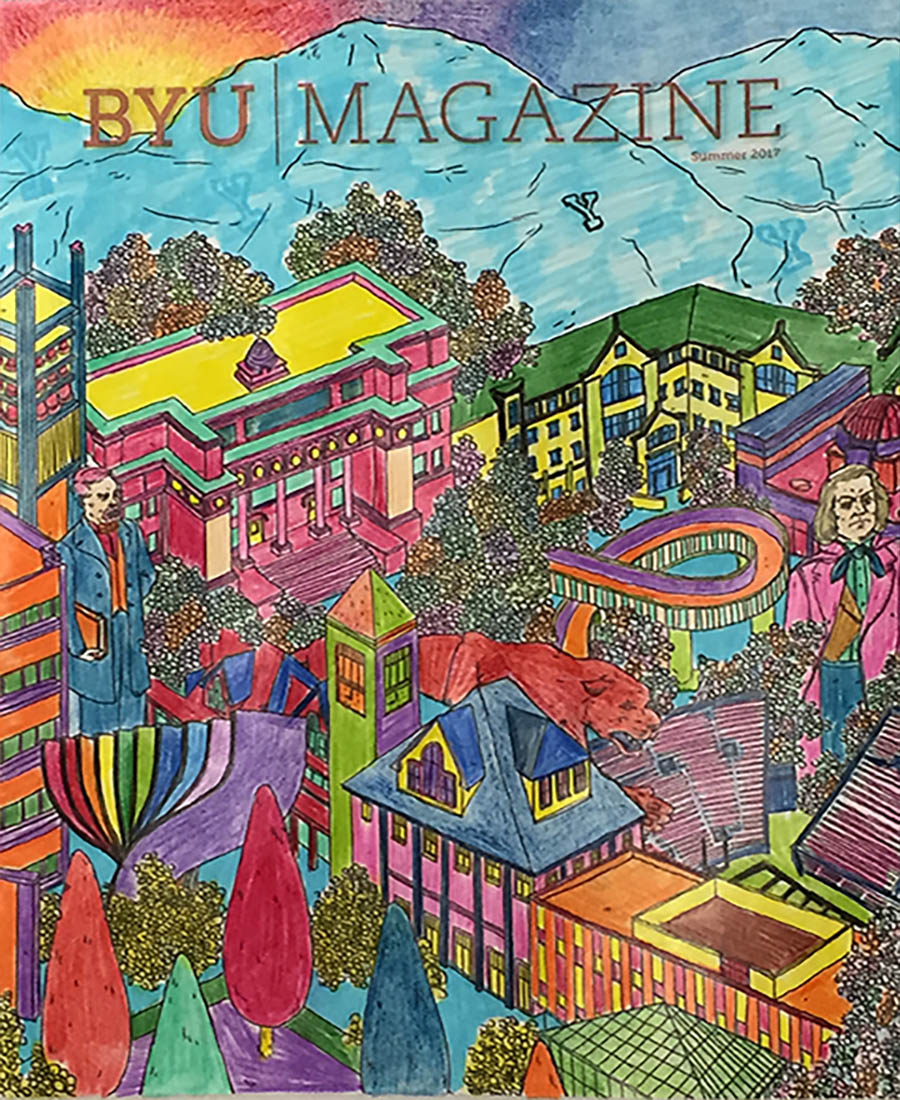 A colored in cover of BYU Magazine's summer edition.