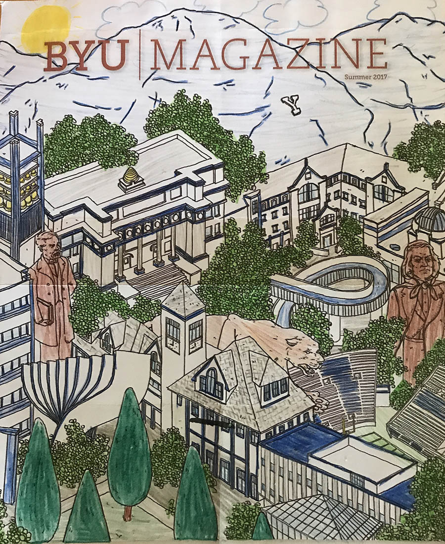 A colored in cover of BYU Magazine's summer edition.