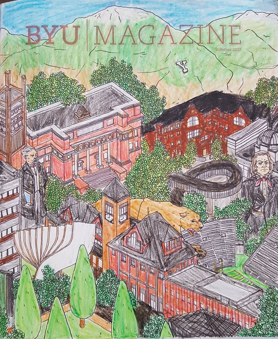 A colored in cover of BYU Magazine's summer edition.