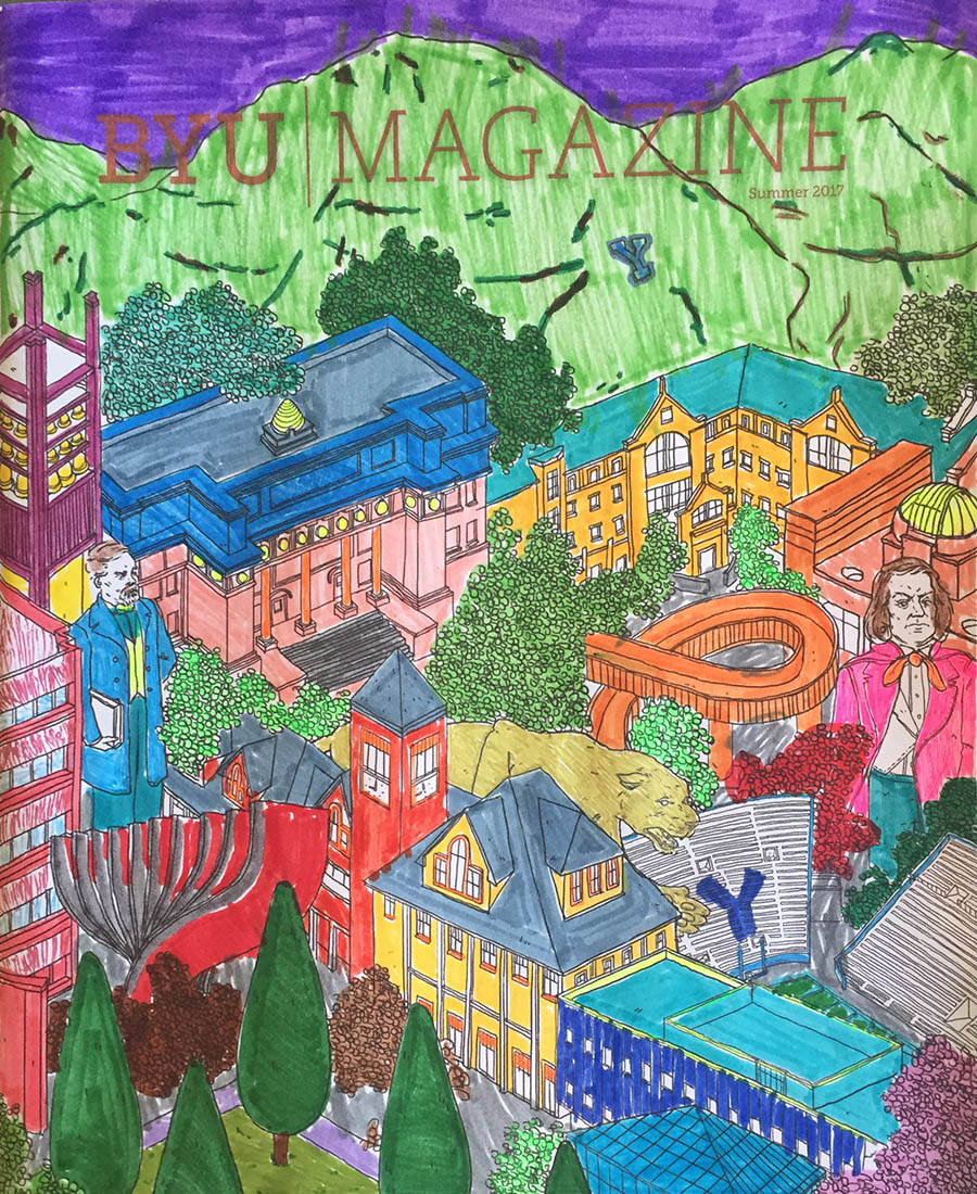 A colored in cover of BYU Magazine's summer edition.