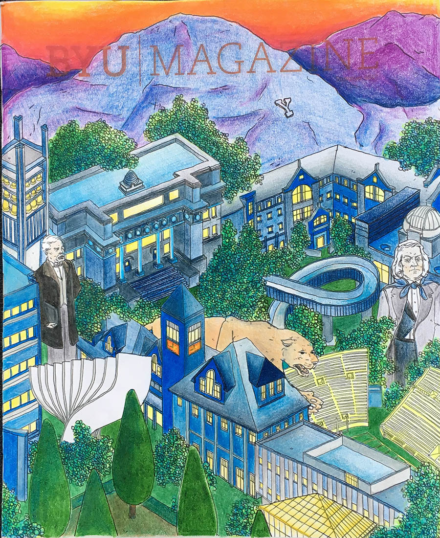 A colored in cover of BYU Magazine's summer edition.