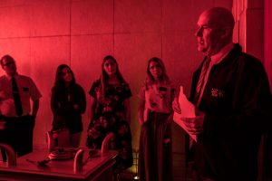 Donald Parry shares thoughts on the altar of incense in a tour of an Israelite tabernacle replica at BYU.