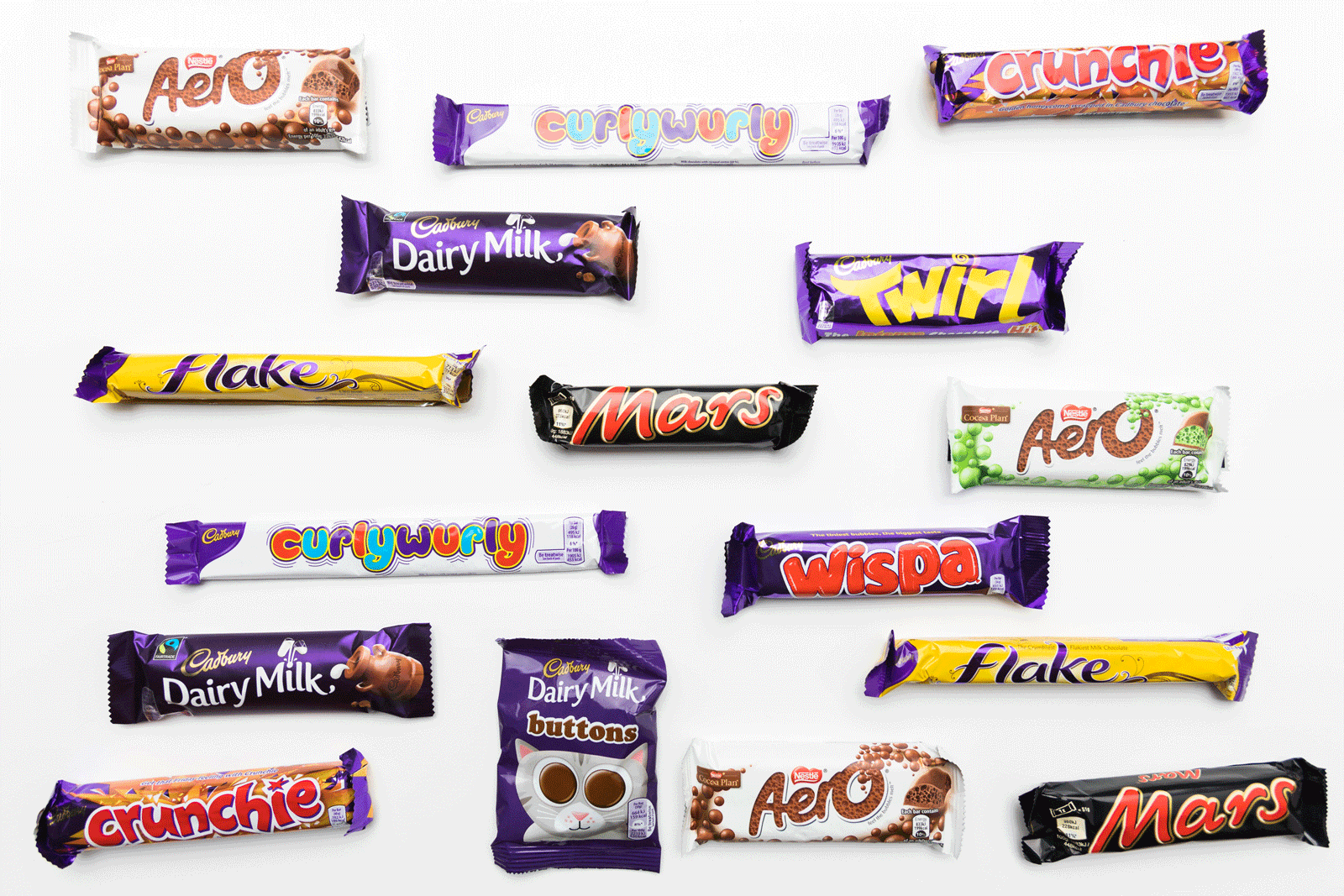 A variety of British chocolate candy bars.