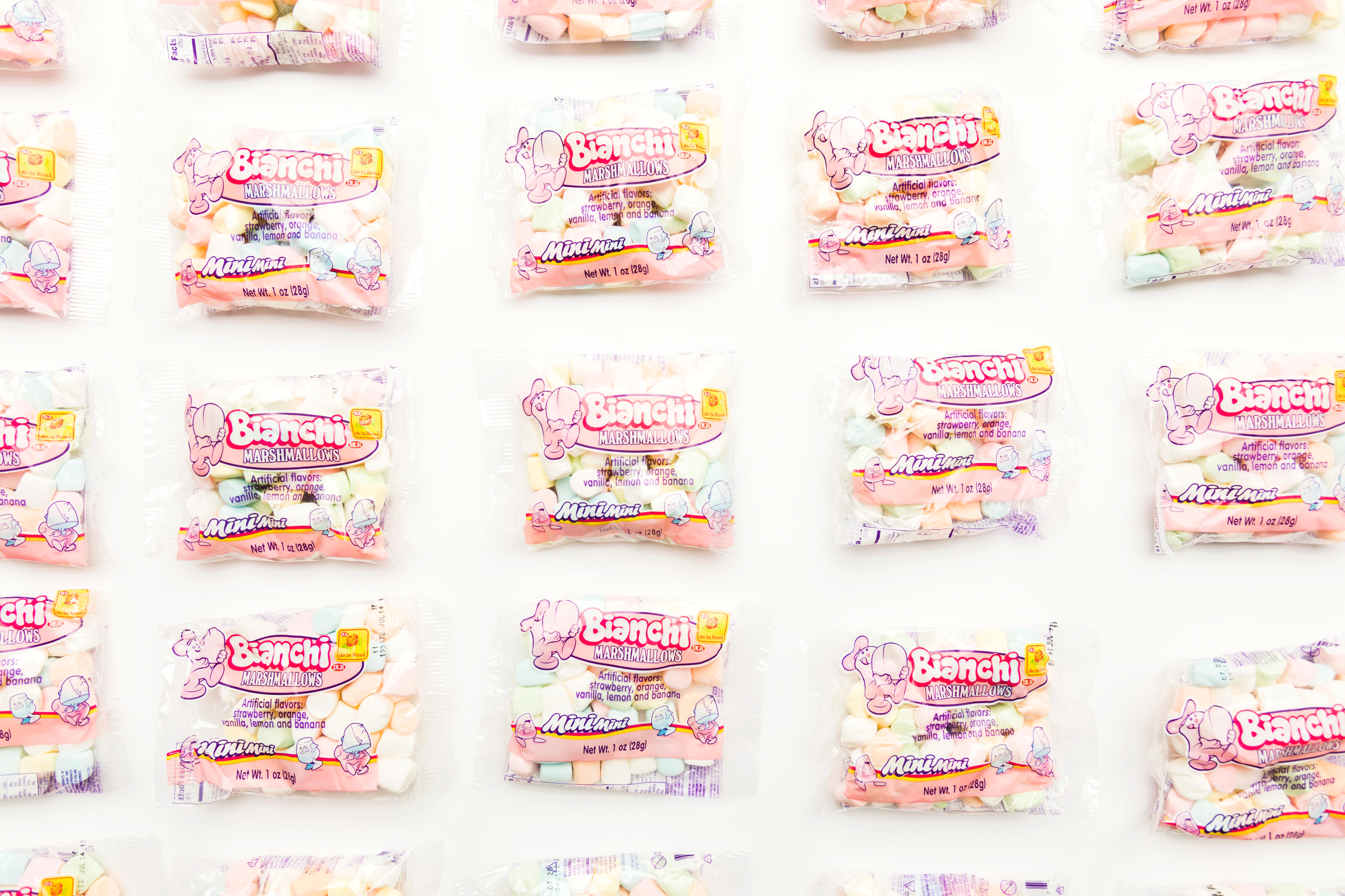 An artistic arrangement of packs of Bianchi Marshmallows.