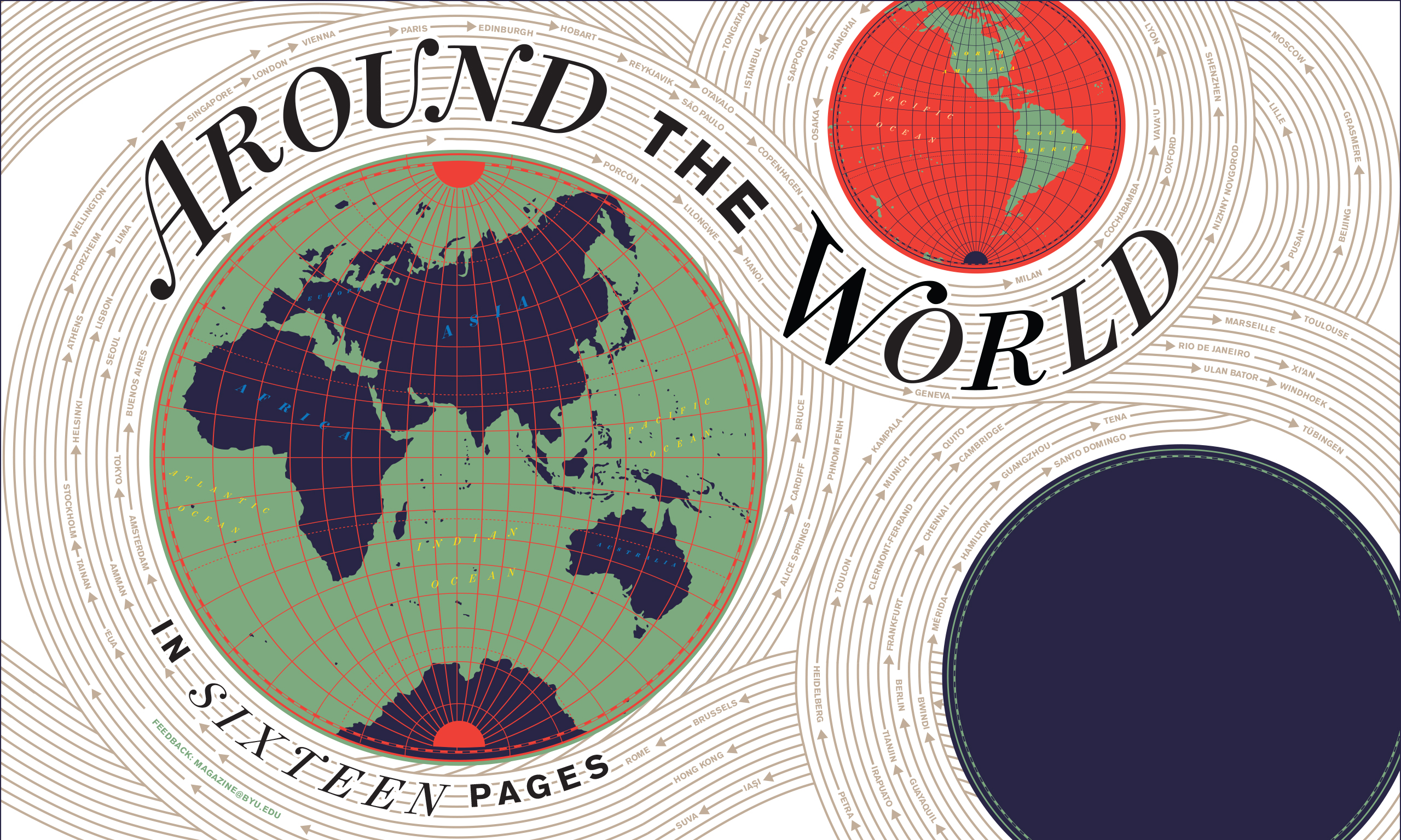 Stylized treatment of the text "Around the World in Sixteen Pages" with two globes with labels pointing to different countries