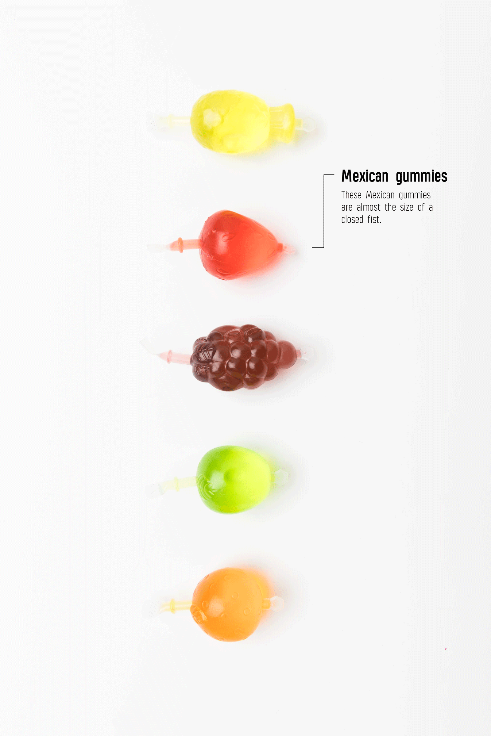 Mexican gummy candy photographed on a white background