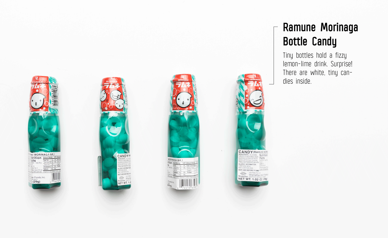 Four mini bottle of Ramune Bottle Candy photographed on a white background