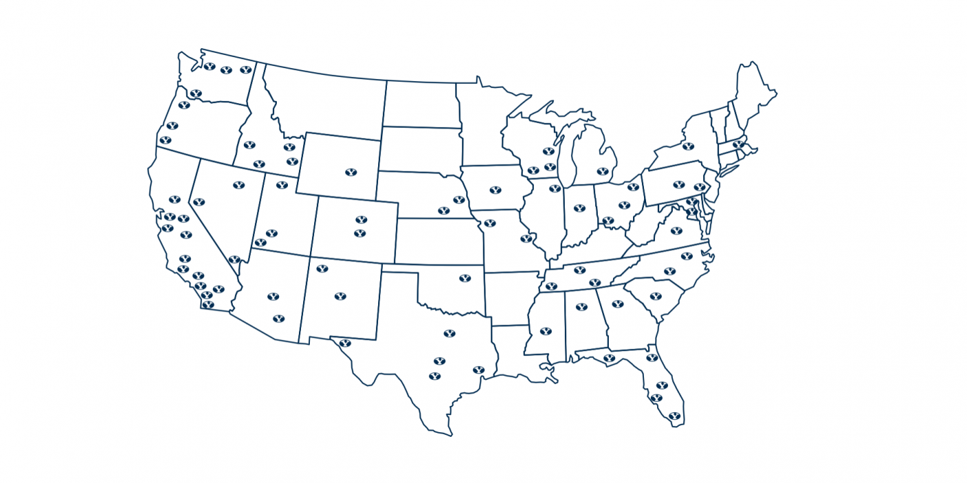 A map of the U.S. with the BYU logo placed everywhere there is a regional BYU alumni chapter