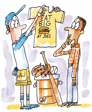 An illustration of a student holding up a T-shirt that says