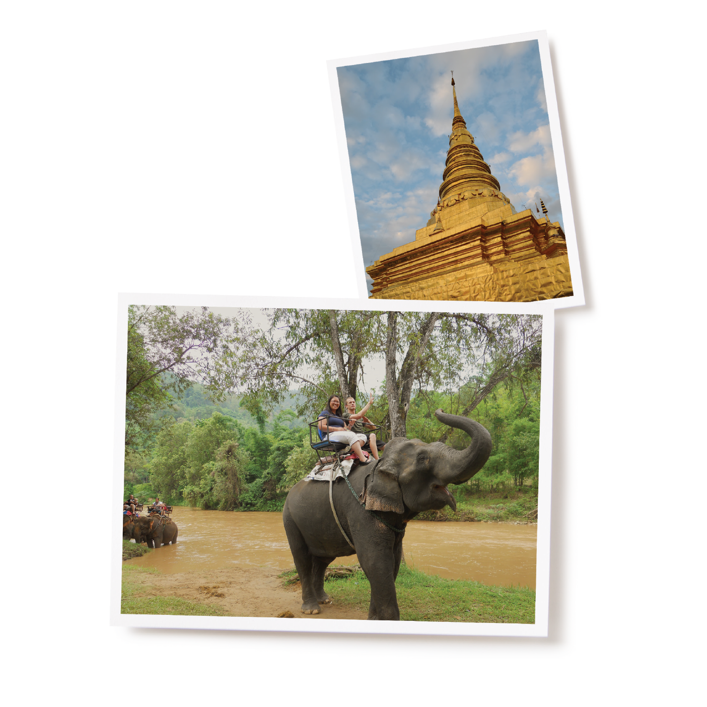 the top photo shows a golden, cone-shaped temple. The bottom photo shows two BYU students riding an elephant.