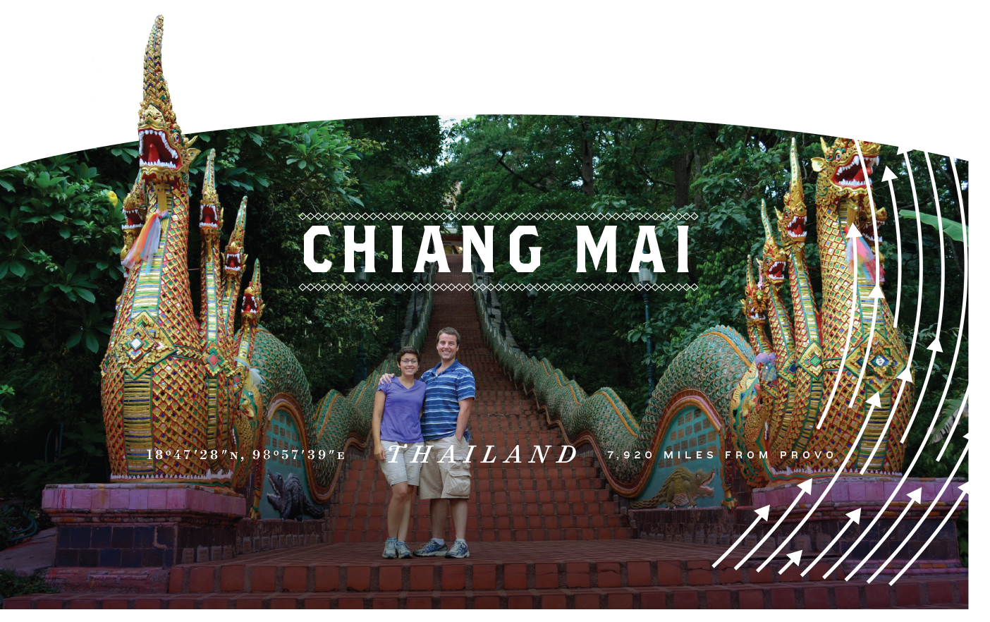 Two students pose in front of the steps of Wat Doi Suthep in Chiang Mai.