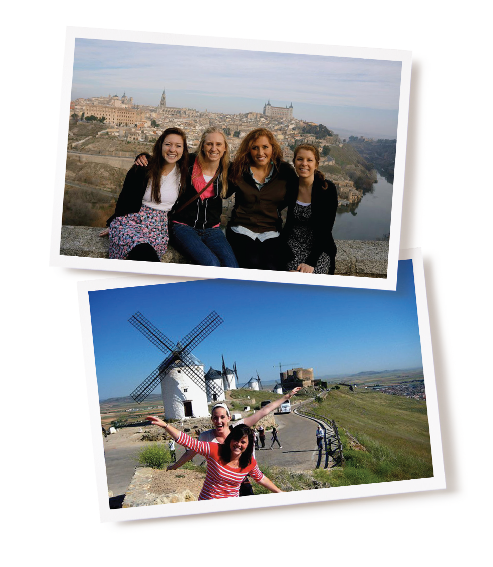 In the top image, four students pose in front of Toledo. In the bottom picture, two students pose in front of windmills.