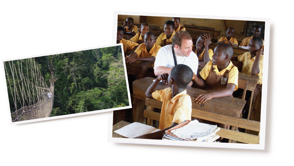 a wooden bridge in the jungle of Accra next to a photograph of a BYU student with children in an African school.