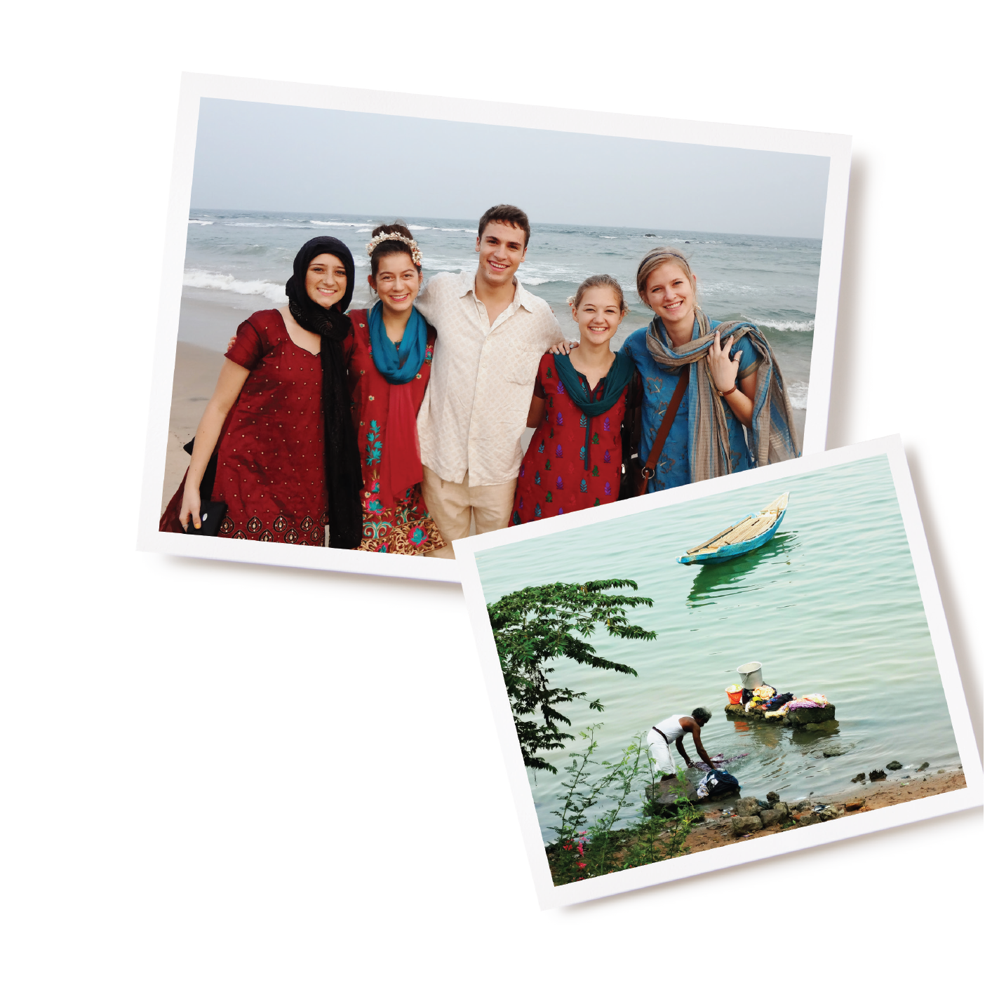 Five BYU students pose in traditional Indian dress by the ocean