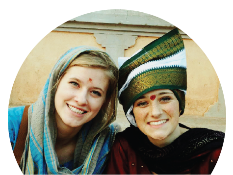 Two BYU students pose in traditional Indian dress