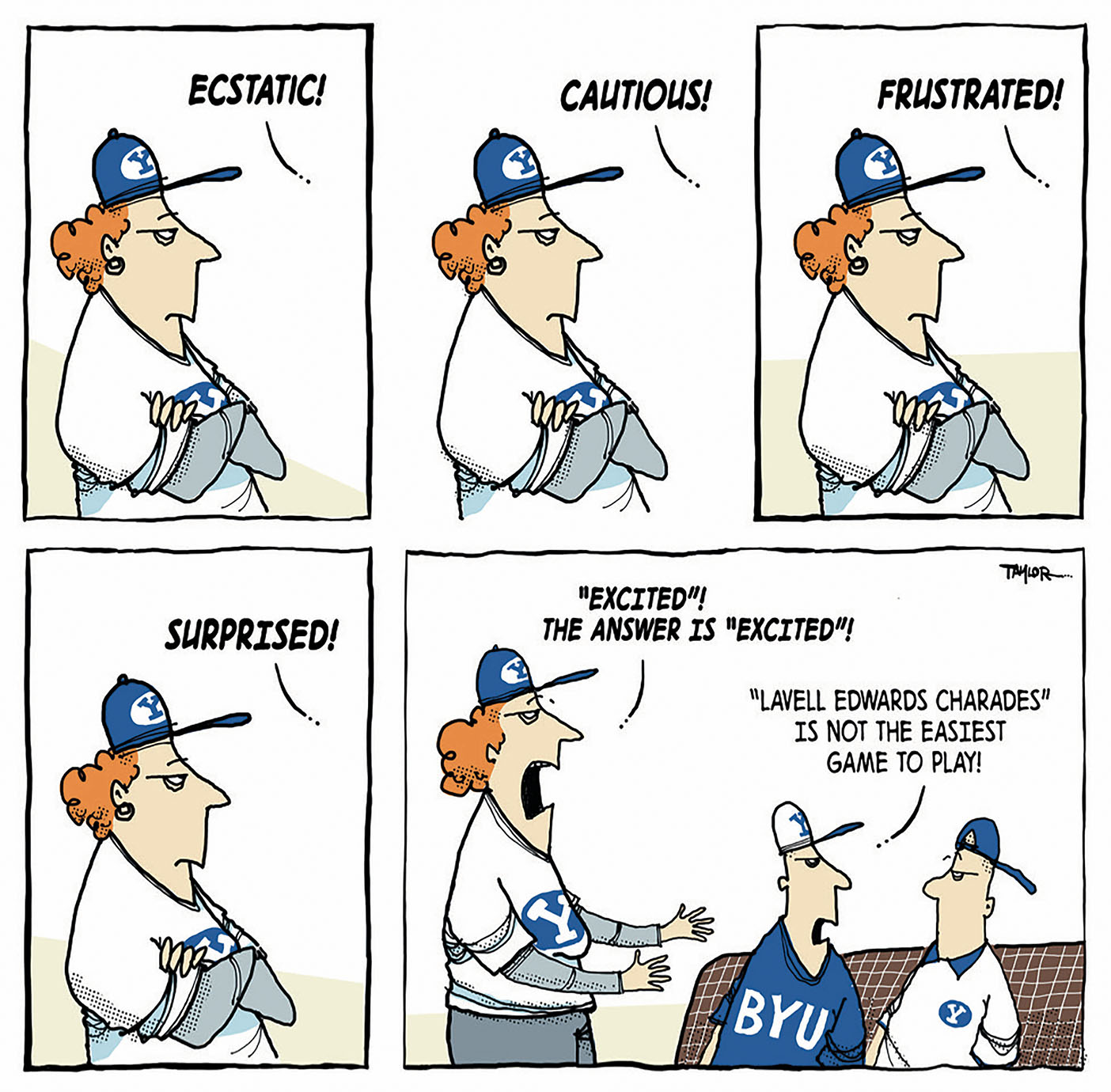 A comic strip showing the many emotions of LaVell Edwards—one stoic face conveys them all