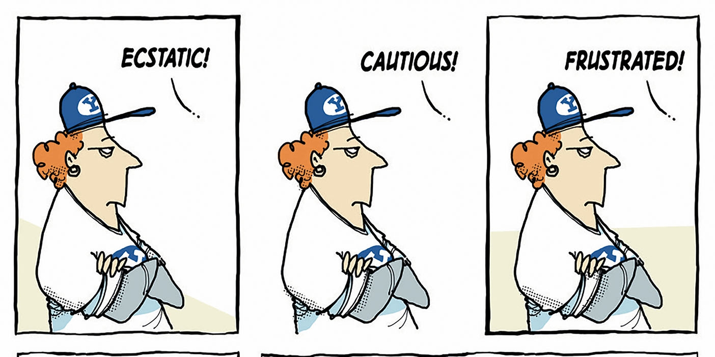 A comic strip showing the many emotions of LaVell Edwards—one stoic face conveys them all