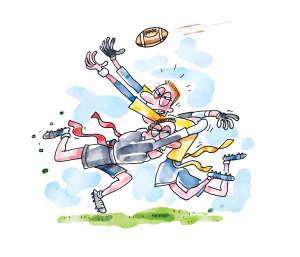Two cartoon characters playing intramural flag football. One is tackled just as he is about to catch the football.