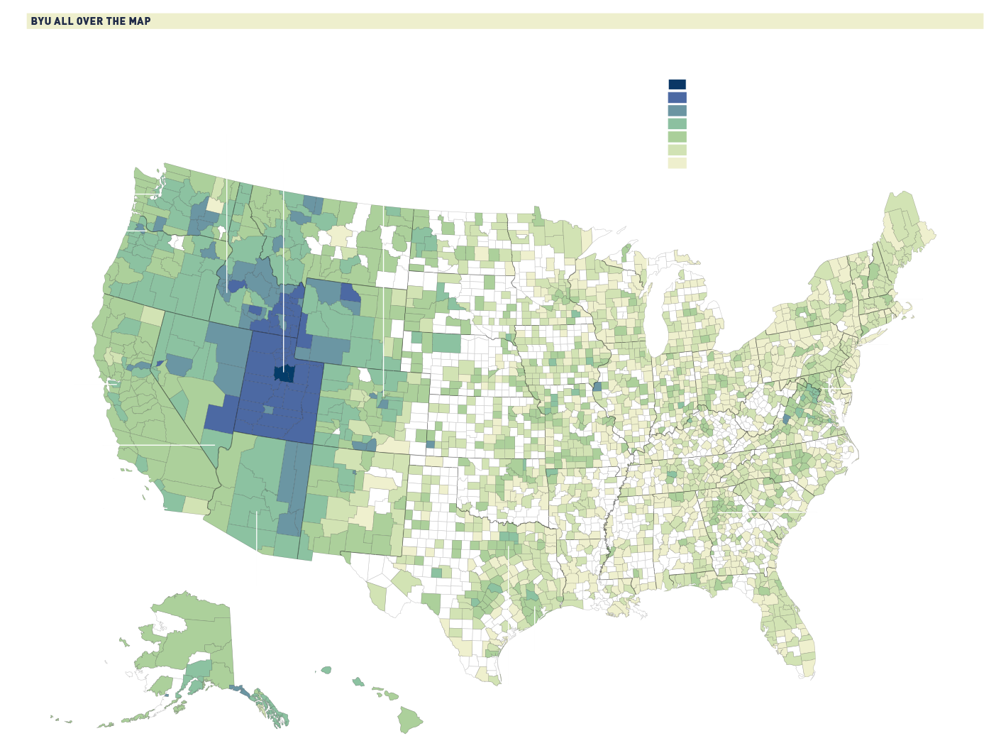 A map that shows the proportion of BYU grads within the population of each U.S. county.