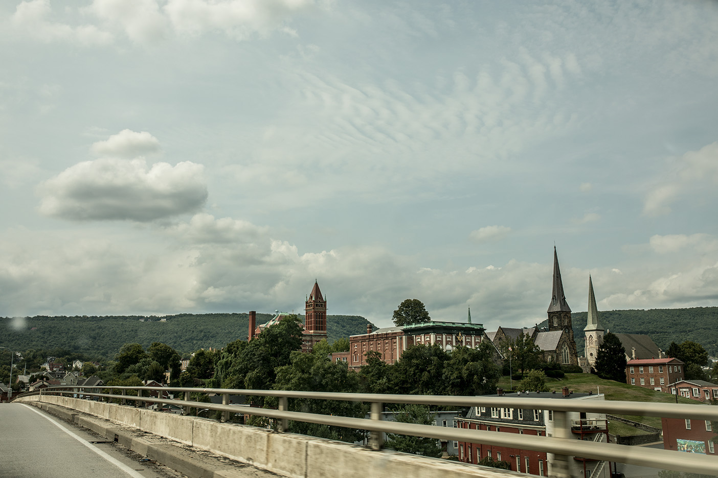 Spires from churches in Cumberland, Maryland.