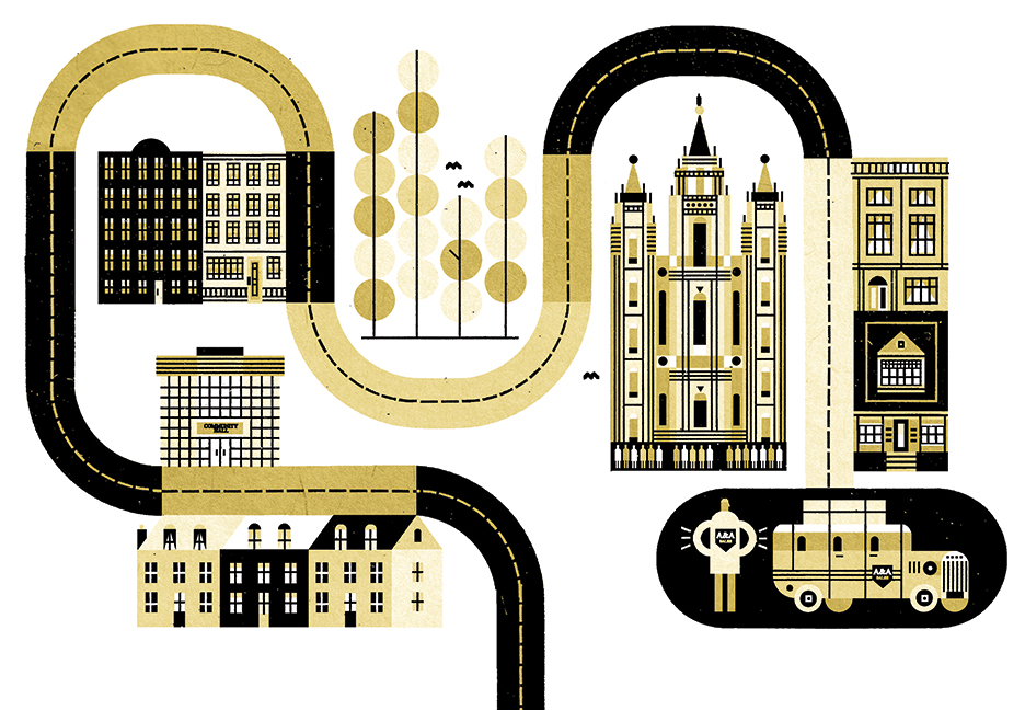 an illustration of a road that passes buildings and ends near an illustration of the Salt Lake temple