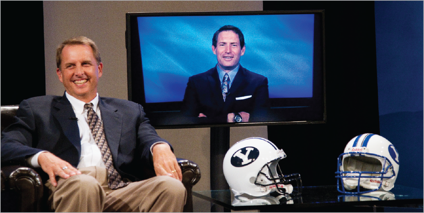 Ty Detmer sits in a chair in Studio C.