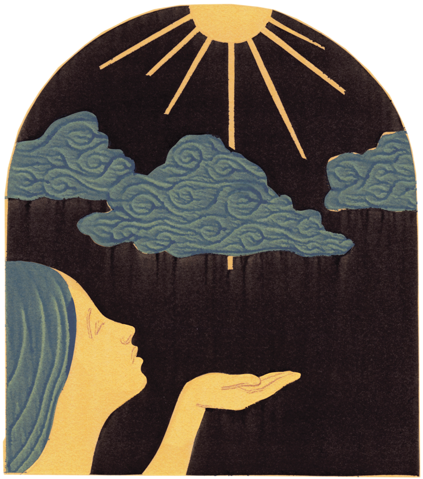 Illustration of a woman holding her hand out, looking toward the sky.