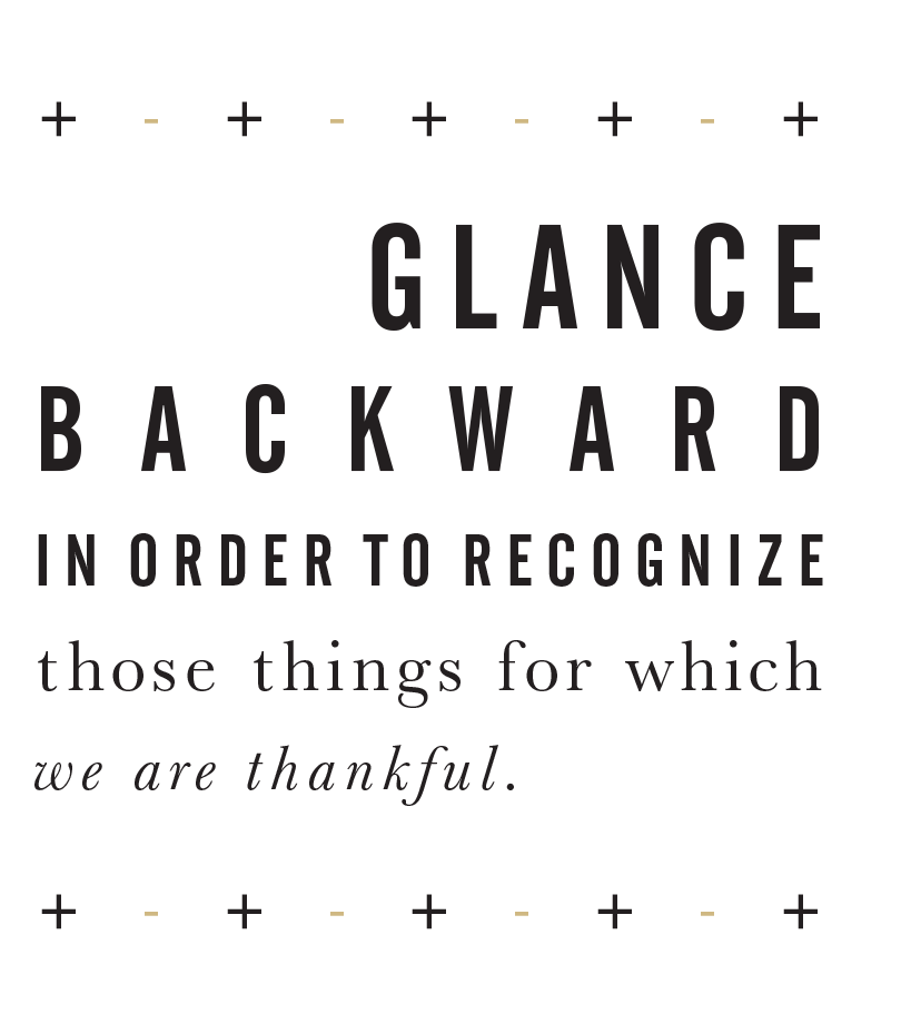 A typographic treatment of the quote: "Glance backward in order to recognize those things for which we are thankful."