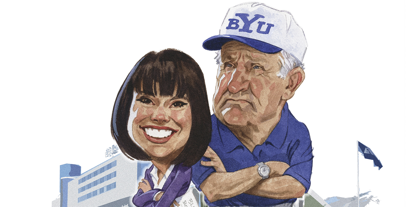 A cartoon of Sarah Clifford and LaVell Edwards outside the LaVell Edwards stadium.
