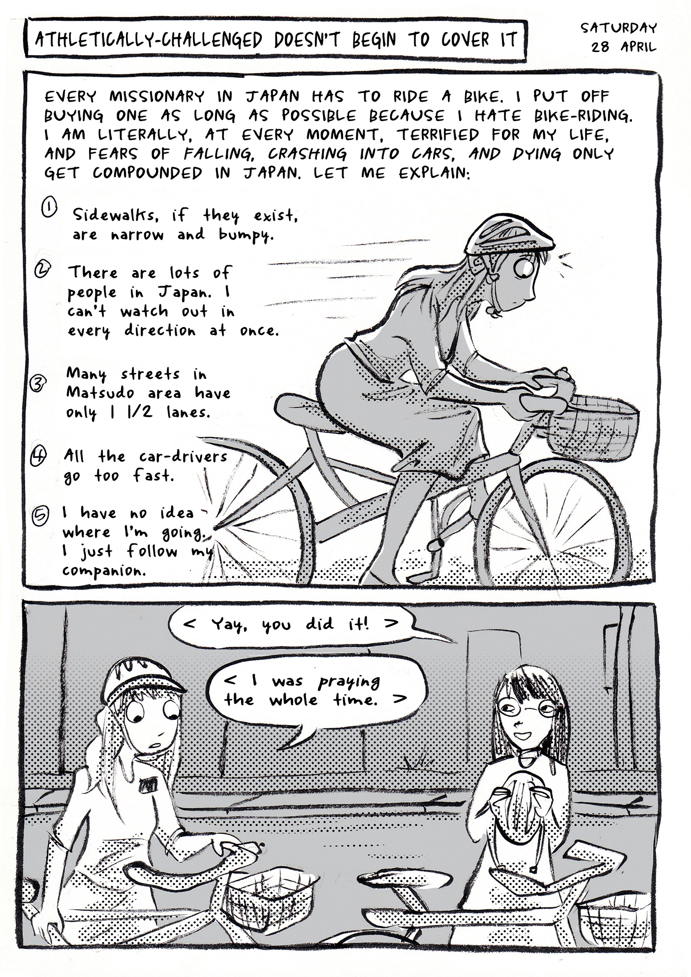A page from Dendo, the comic-strip missionary journal of Brittany Olsen. This page shows a sister missionary riding a bike.