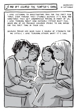 A page from Dendo, the comic-strip missionary journal of Brittany Olsen. This page shows sister missionaries praying together.