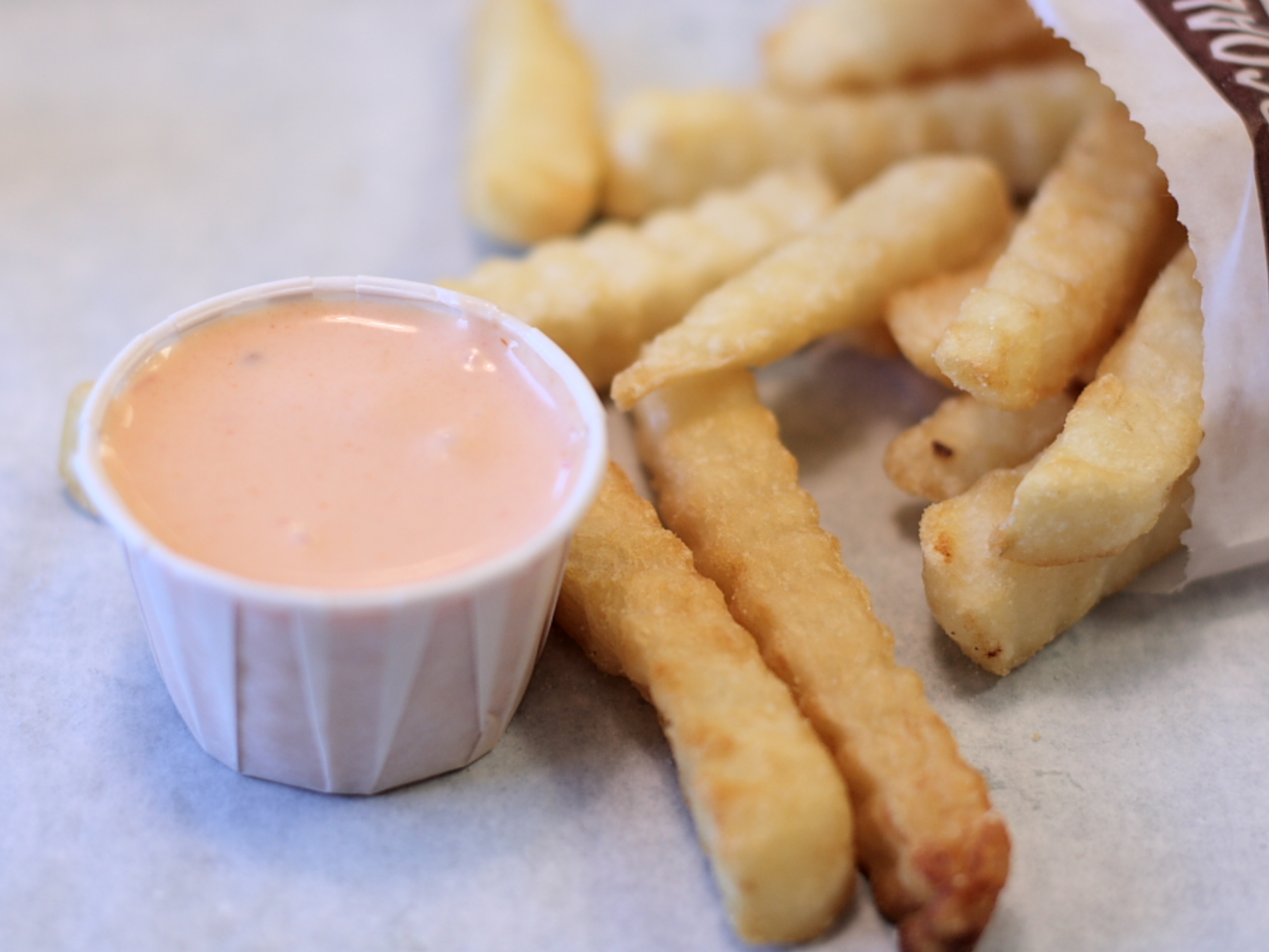 Photo of french fries and a ramekin of fry sauce.