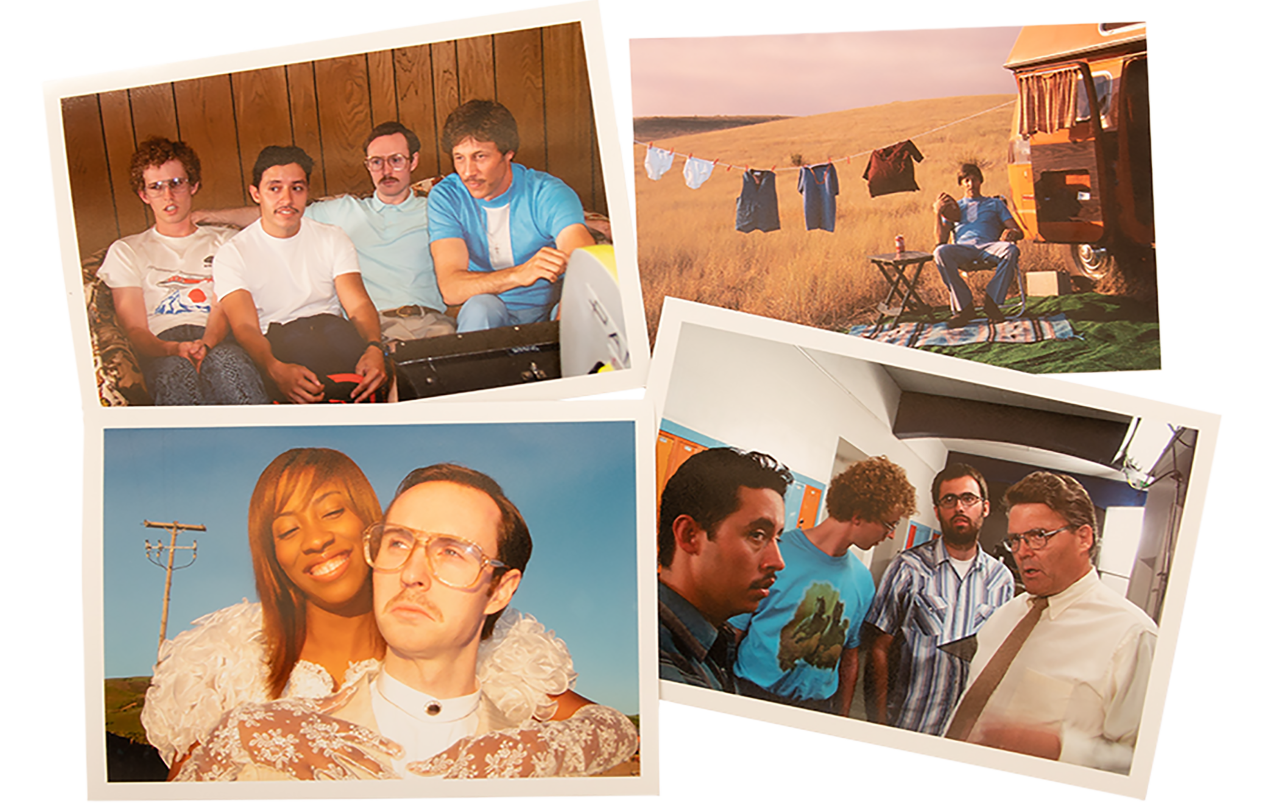 Four photos laid out together. One features Napoleon, Pedro, Kip, and Uncle Rico sitting on a couch. Another shows Uncle Rico sitting by his van in a corn field. Another photo shows LaFawnduh and Kip, snapped at the filming of the bonus wedding scene at the end of the film. The final photo shows Pedro, Napoleon, director Jared Hess, and the principal, played by BYU professor Tom Lefler.