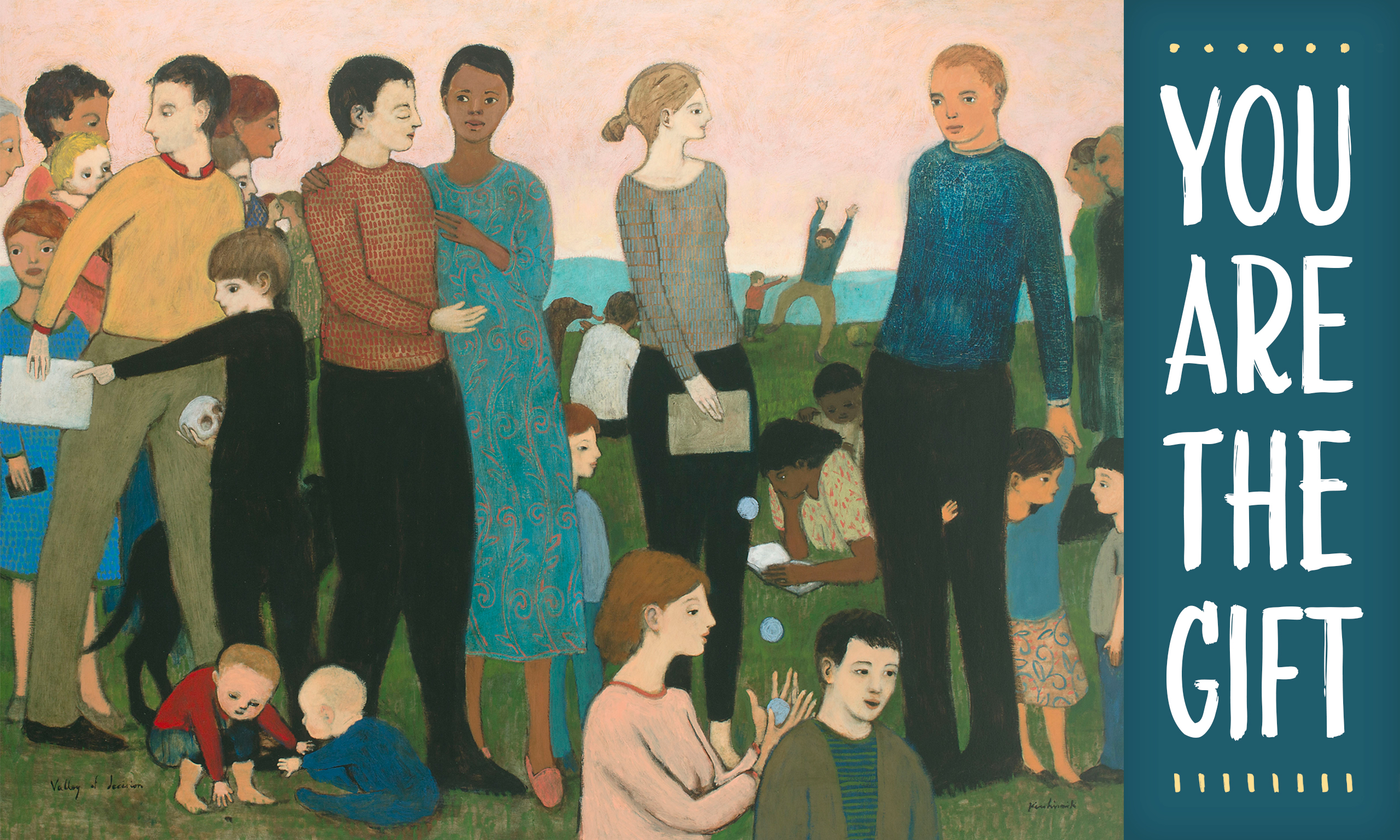 A painting of a group of people in a field. Some play with children, one juggles, some read, and many are gathered together. The article title, "You Are the Gift," is included in the art.