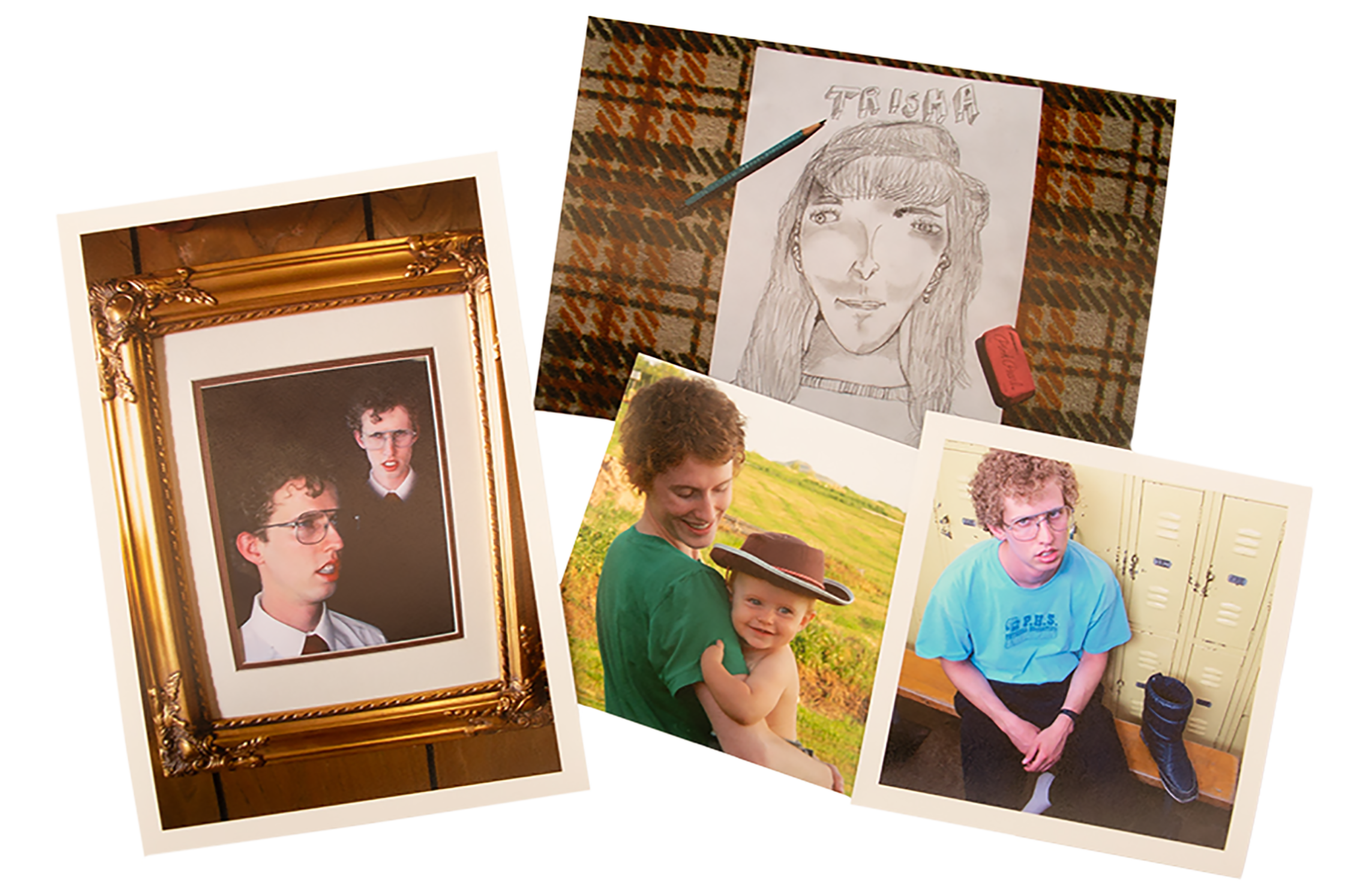 A group of photos. One shows the iconic Sears portrait from the '70s of Napoleon that hangs in his house in the moive. Another is a photo of the sketch Napoleon draws of Trisha and uses to ask her to the dance. Another photo shows Jerusha Hess holding her infant son in arms on set. Another photo shows Napoleon sitting in the locker room next to his moon boots.