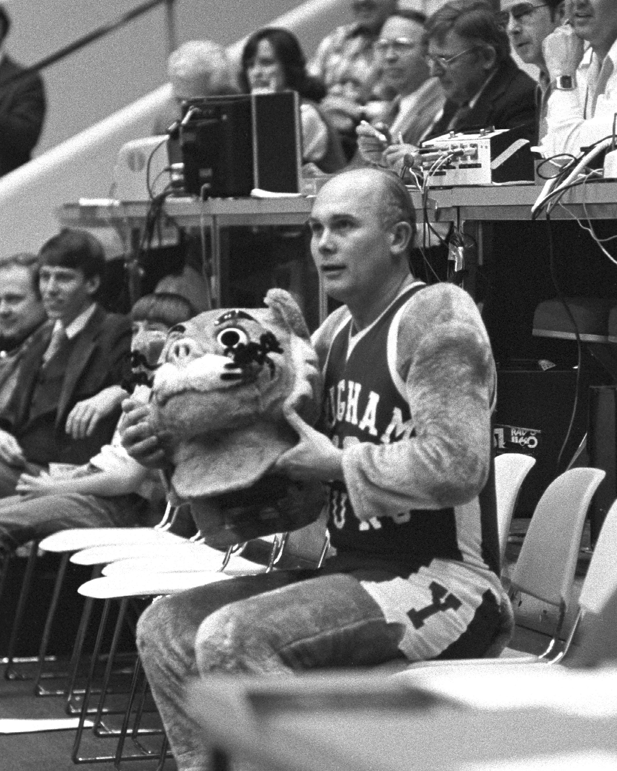 At a basketball game in February 1979, President Dallin H. Oaks took a turn in the Cosmo suit.