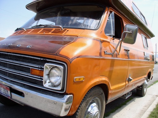 A photo of Uncle Rico's orange van from the movie