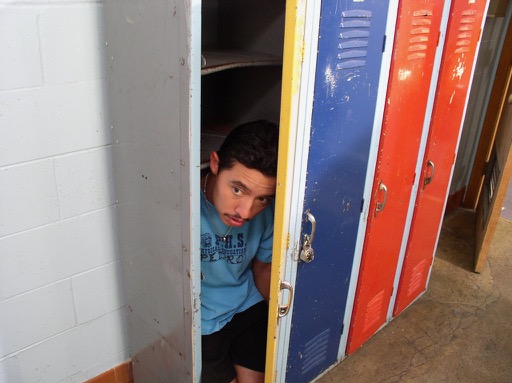 Pedro (played by Enfren Ramirez) fit himself into one of the multicolored lockers at Preston High.