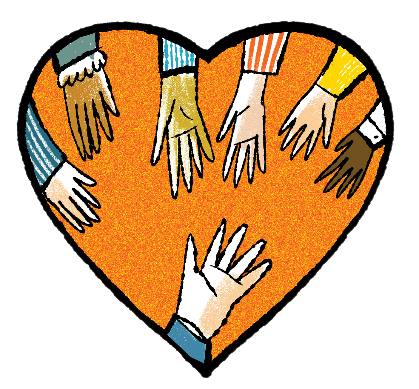 An illustration of a group of hands reaching out toward one other hand, all inside a big heart.