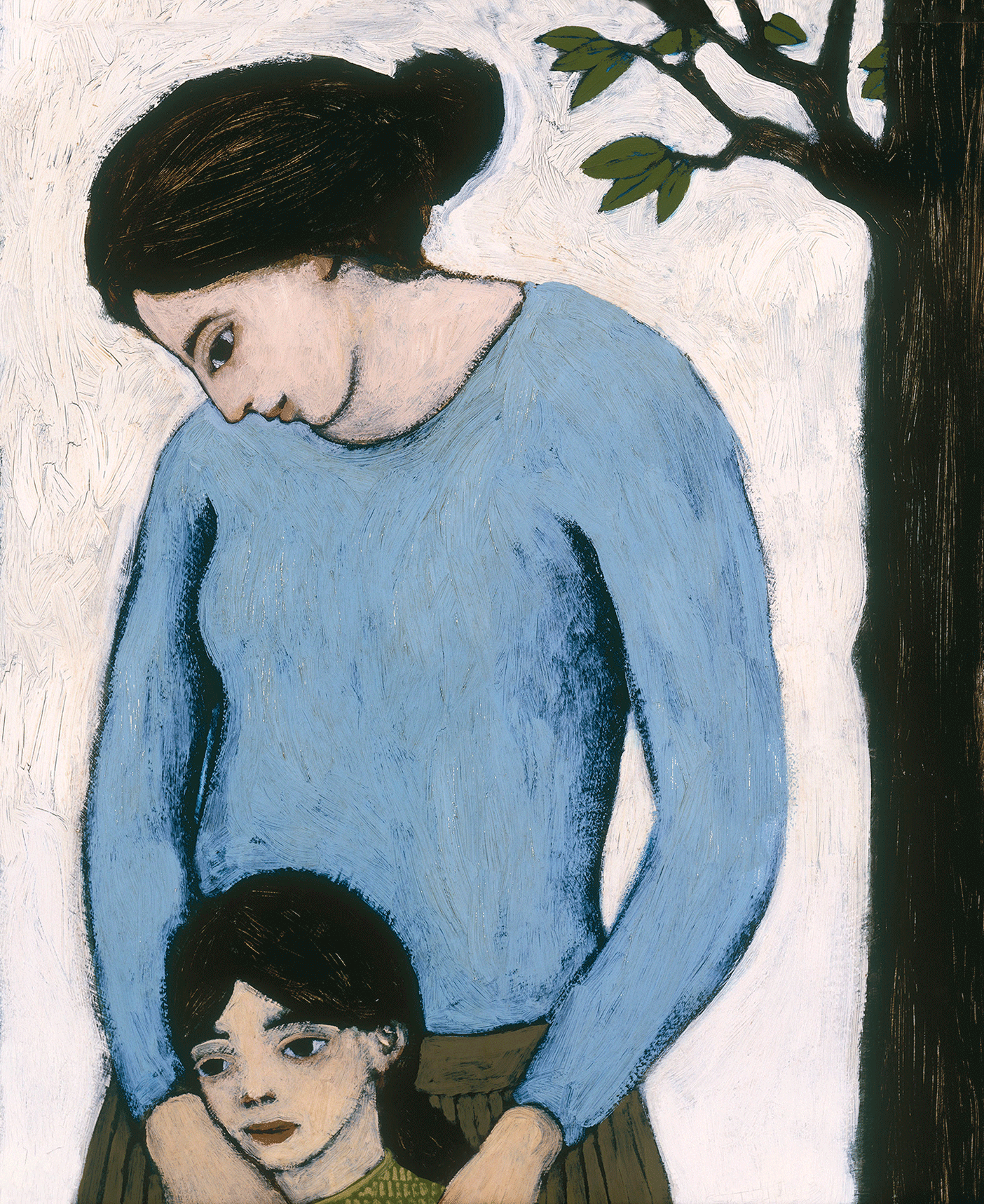A painting of a mother standing behind her child, placing her arms on the child's shoulders.