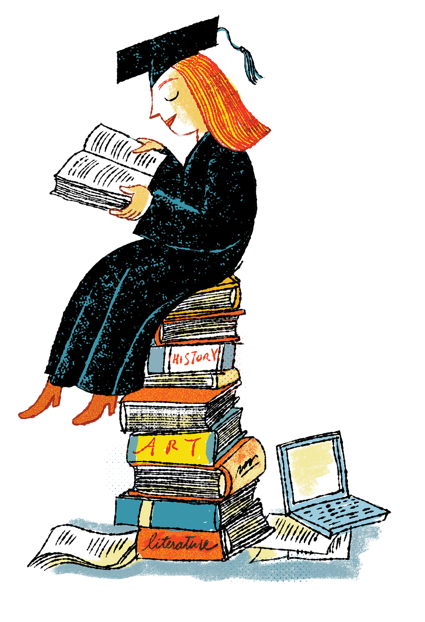 An illustration of a woman in cap and gown, reading a book, sitting on top of a stack of books.