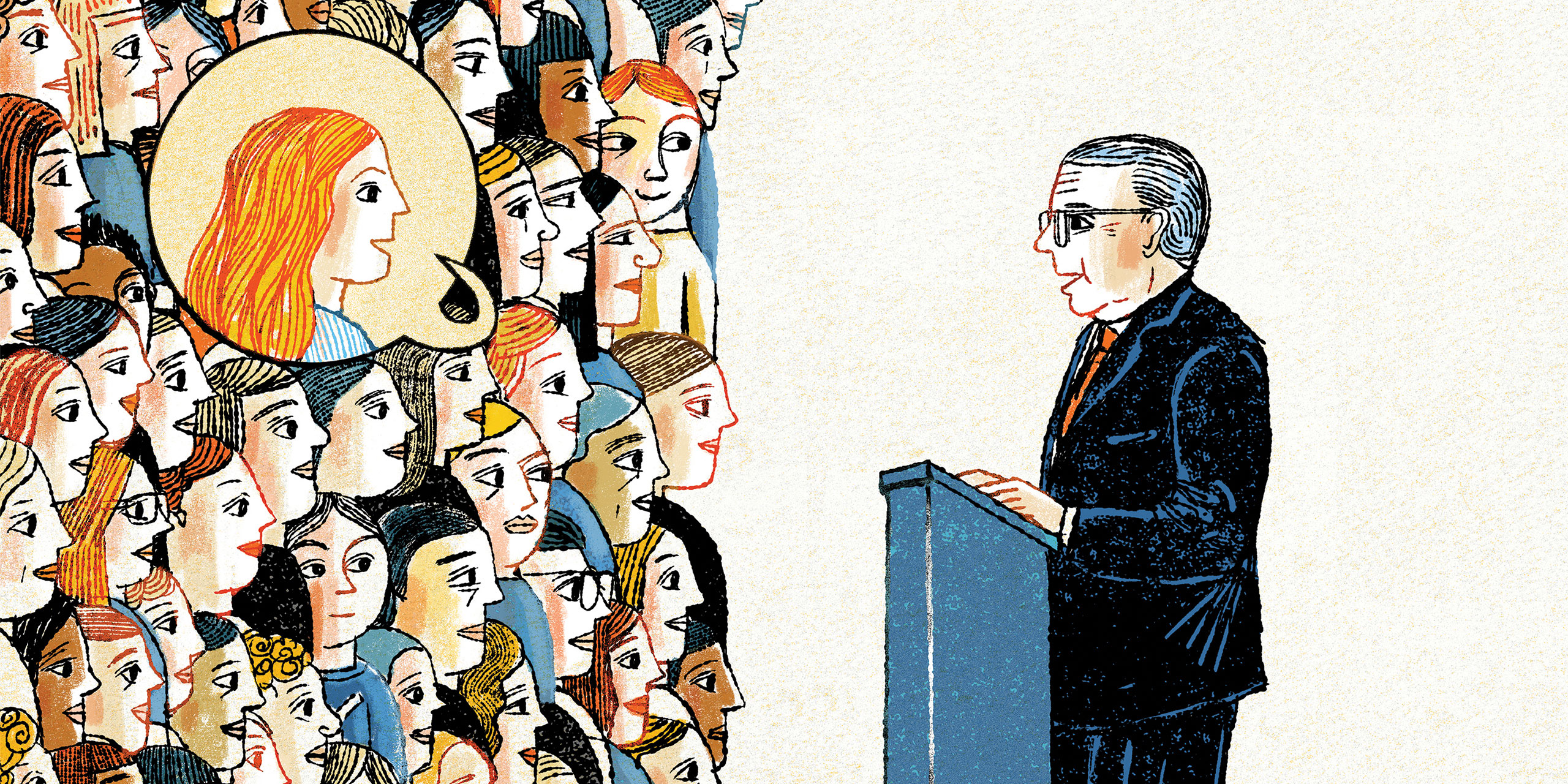 An illustration of Elder Russel M. Ballard at the pulpit addressing a BYU devotional audience.